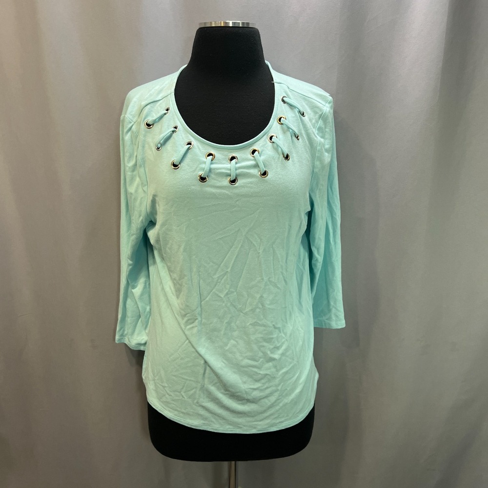 Peck & Peck Blouse Top Womens Petite Large Aqua Stretch Grommet Scoop Neckline